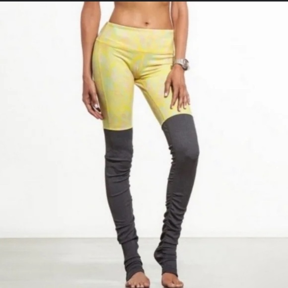 ALO Yoga Leggings Womens Small Gray Yellow Ribbed Goddess Pants Mid Rise Gym - Picture 1 of 6